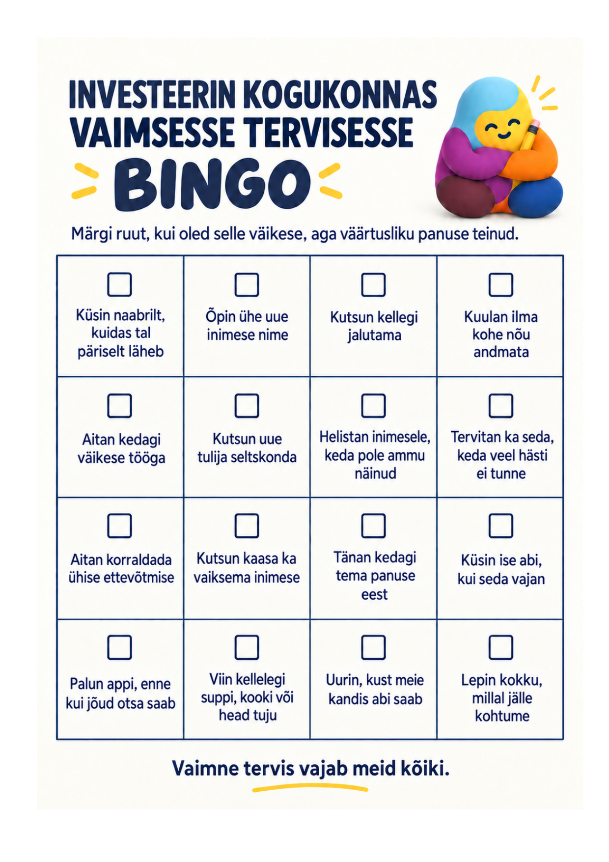 Vaimse tervise bingo kaardi eelvaade